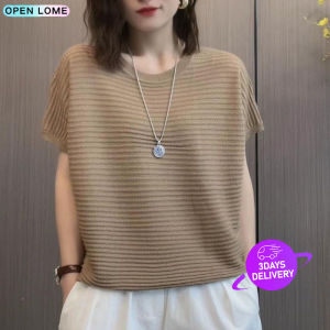 Round Neck Solid Color Short-sleeved Knitted Blouse for Womens Casual T-shirt New Loose and Versatile Slimming Top