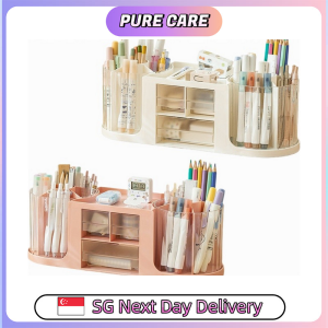 【Pure Care】 2-in-1 Desk Storage Drawer Box | Dual 360° Rotating Pen Holder Organizer | Desk Stationery Organizer