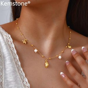 Kemstone Beach Summer Ocean Wave Stainless Steel Acrylic Pearl Conch Shell Womens Necklace 18K Gold