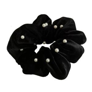 Elegant French Styles Faux Pearls Scrunchie with Ruffle Fabric Fashion Hair Accessories for Women and Girls