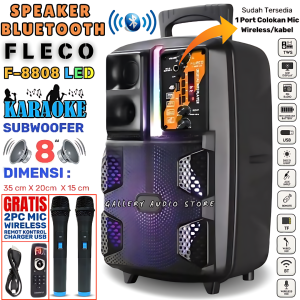 Speaker Bluetooth Fleco F-8808 LED 85 Inch [ FREE 2PCS MIC WIRELESS + REMOTE + CHARGER USB ] | Speaker Karaoke Full Bass Salon Aktif Extra Power Full Bass Ukuran Besar F-8808 LED Gratis 2 Mic Tanpa Kabel | Gallery Audio