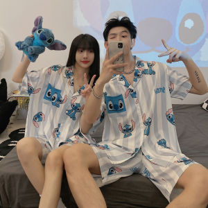 Stitch Cartoon Womens Long-Sleeved Set Pajamas Sanrio Kawaii Cinnamoroll Spring Y2K Lapel Thin Cute Girls Casual Home Clothes