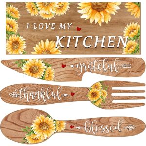การตกแต่งห้องครัวรูปดอกทานตะวัน3/4ชิ้นการตกแต่งสติ๊กเกอร์ติดผนังด้วยคำอวยพรสวัสดีฤดูร้อนสัญลักษณ์การกินส้อมและช้อนบ้านไร่ตกแต่งศิลปะบนผนังสำหรับห้องครัวบ้าน