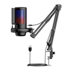 🇸🇬[Ready Stock] USB Gaming Microphone with Noise Reduction RGB Condenser Podcast Microphone for Streaming Live Recording Boom Arm Condenser Mic for PC/PS4/5