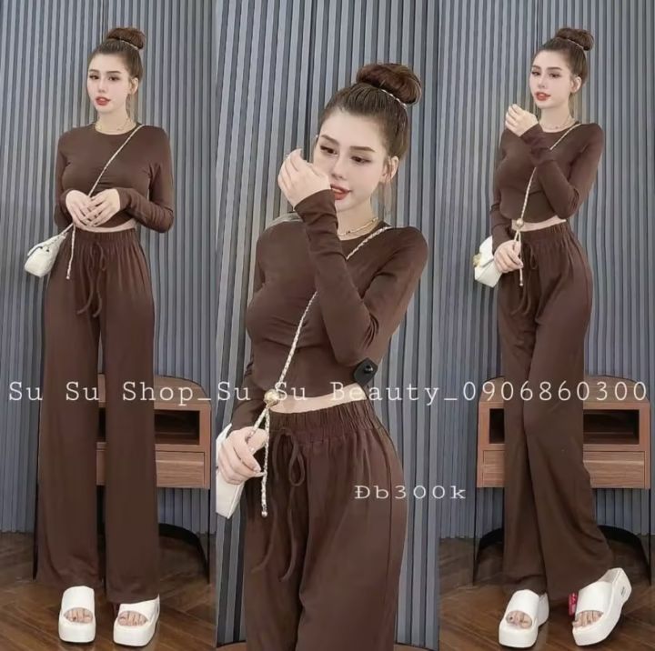 Bộ Quần Áo Nữ, Quần Dài, Ống Rộng, Áo Cổ Tròn Tay Dài Ôm Body Siêu Xinh ...