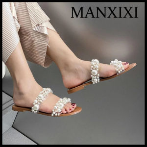 MANXIXI Fashion Flat Sandals Women Beautiful Pearls Slippers (Size 36-43)