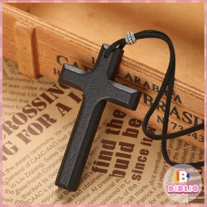 Biblio Wooden Cross Necklace On Leather Cord For Pendant In Black Brown Tone Jewelry