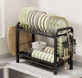 2-Layer Dish Rack Kitchen Dish Storage Rack Black Kitchen Utensil Rack With Pull Drain Tray Kitchen Organizer. 