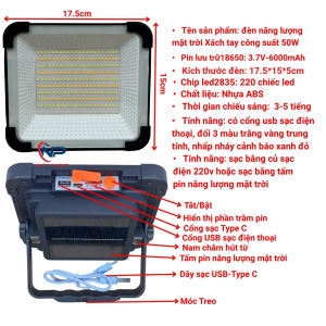 Đèn tích điện năng lượng mặt trời cầm tay đa năng 100W chip led 5730SMD siêu sáng tấm pin tháo rời dây dài 4m 3 chế độ sángcó sạc dự phòng 5V