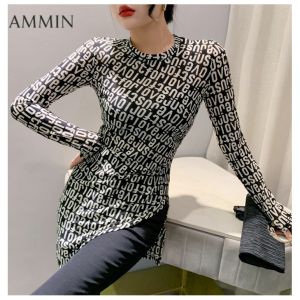 Áo thun dài tay in họa tiết chữ R thời trang mùa xuân và mùa thu 2024 Áo thun nữ phong cách Hàn Quốc Xếp li không đều thiết kế áo thanh lịch dài