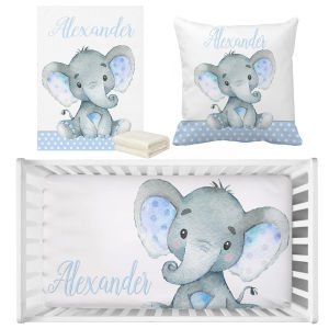 LVYZIHO Baby Boy Crib Sheet Set Custom Name Blue Elephant Cirb Bedding Set Baby Shower Gift Bedding Set