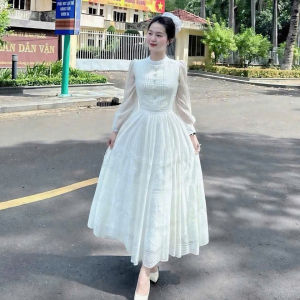 Set tiểu thư sang chảnh đồ nữ đi tiệc set Quảng Châu Ren áo tay dài đính nút bọc mix váy dài xoè