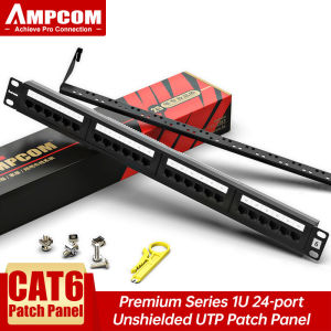 AMPCOM Panel Patch   CAT6 24 Port Dudukan Rak - 1U 19 inci RJ45 Ethernet 568A 568B Berlapis Emas 30U