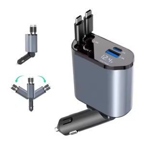 O.SHINE C1 4-in-1 Fast Car Charger with Dual Retractable Cables USB Type-C LED Display 360° Rotating Head for All Devices