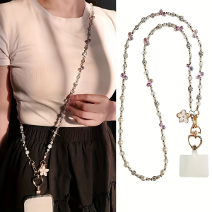 (HD1)Crossbody Pearl Crystal Phone Strap Long Ins Womens Small Fresh Summer Outdoor Travel Phone Case Back Chain  Tali Telefon Silang Badan Mutiara Kristal Panjang Ins Wanita Musim Panas Kecil Segar Luar Ruangan Rantai Belakang Kes Telefon