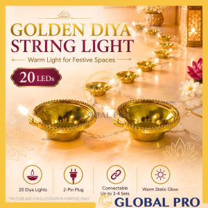 3M 20L Deepavali Golden Diya String Light Lampu Hiasan Diwali Static Mode Warm White Fairy Light Indoor Festive Decor