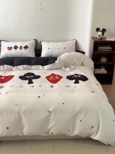 Cute Cartoon Thickened Brushed Cotton Washed Cotton Four-Piece Bedding Set Bed Sheet Duvet Cover Student Dormitory Skin-Friendly Bed Skirt Bedding LZD