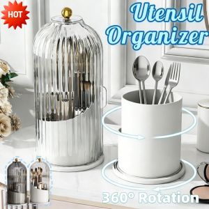 Utensil Organizer With Dustproof Lid Kitchen Fork Spoon Rack 360° Rotation Chopstick Draining Holder