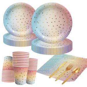 Amazon bronzing ค่อยๆเปลี่ยนสายรุ้งปาร์ตี้อุปกรณ์วันเกิดจานกระดาษแบบใช้แล้วทิ้งพรรคชุดถ้วยกระดาษจุดใหม่