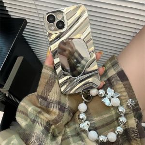 With Phone Chains Wave Mirror Case For iPhone 11 13 14 15 12 16 Pro Max XR X XS Max 7 8 Plus SE 2022 Plating Shockproof Phone Cover