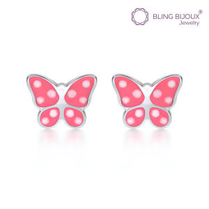 Bling Bijoux ต่างหูเงินแท้ 925 แบบก้าน รูปผีเสื้อสีชมพูพาสเทลลายจุด สวยหวาน สีสันสดใส น่ารักเรียบง่าย ใส่ได้ทุกวัน