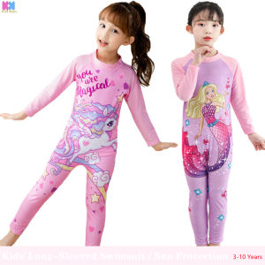 3-10 Years Kids Cartoon Dinosaur Unicorn Princess Long Sleeved Swimsuits Boys Girls Swimwear Beachwear Quick Drying Surf Suit