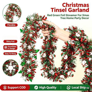 2M Christmas Tinsel Garland Red Green Foil Strip with White Snowflake Decor for Xmas Tree Home Party Scene Layout