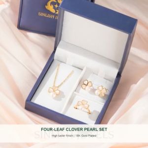 SINLISH Four-Leaf Clover Pearl Jewelry Set Freshwater Necklace Earrings & Ring 18K Gold Plated Korean Elegant Wedding