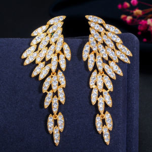 SEQUITO Vivid Symmetric Wing Shape Bridal Wedding Long Dangle Drop Earrings Gold Plated Full Pave Sparkling Tiny AAA Cubic Zircon Delicate Women Jewelry SE663
