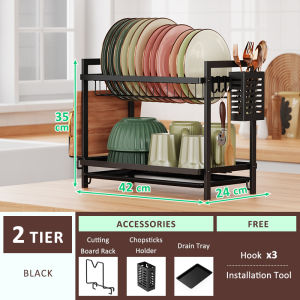 GSlife💥3 Seconds Install💥 2/3 Layers Dish Drying Rack Rak Pinggan Mangkuk Rustproof Dish Drainer with Pan & Pot lids Rack Kitchen Counter Cutting Board Holder Cup Rack Stainless Steel Dish Rack For Kitchen Counter Over The Sink