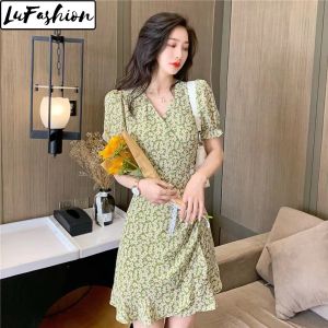 LuFashion Floral Dress Korean V-neck Short Sleeve