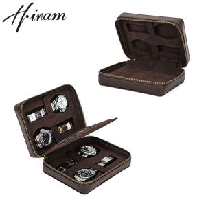 Hiram Crazy Horse Nubuck Leather Watch Case Portable 4/8 Slot Display Box Storage Organizer Holder Zipper Casket Vintage Traveling Bag
