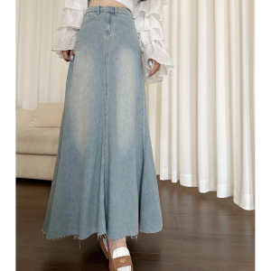 Plus Size S-6XL Womens Korean Retro Fishtail Skirts High Waist Slimming A-Line Long Denim Skirt