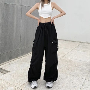 Muuv-It Women Casual Cargo Pant Solid High Waist Drawstring Pockets Wide Leg Baggy Trousers Y2K Sweatpants