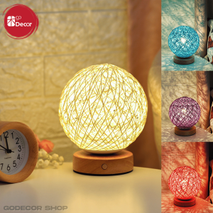 Đèn Ngủ Để Bàn Quả Cầu Mây Có Đế Gỗ | Chạm Điều Chỉnh Độ Sáng Sạc USB Decor Phòng Ngủ Chill Chill