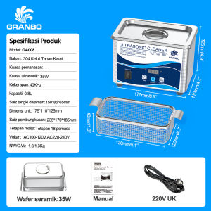 Granbo 0.8L 35W Pembersih Ultrasonik Mesin Kavitasan Sonic Digital Pembersih Barang Kemas Keluli Tahan Karat Profesional untuk Membersihkan Cermin Mata Jam Tangan Alat Bahagian Pergigian dengan Pemasa