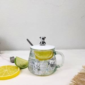 แก้วน้ำ แก้วมีฝาปิด ขนาด 300ML. แก้วใส + ฝาปิด + ช้อน แก้วน่ารัก แก้วหมี ของขวัญวันเกิด