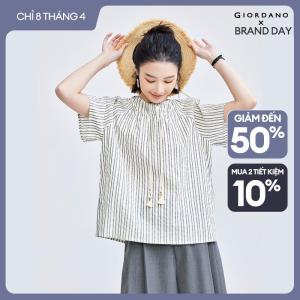 GIORDANO Nữ Áo sơ mi tua rua vỏ sò cổ tròn tay áo raglan sọc đơn giản thời trang mùa hè áo sơ mi thường ngày 18344613