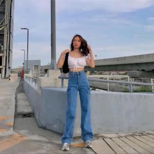 Celana Cargo Jeans Wanita Highwaist Loose Pants Korean Style Hitam Panjang