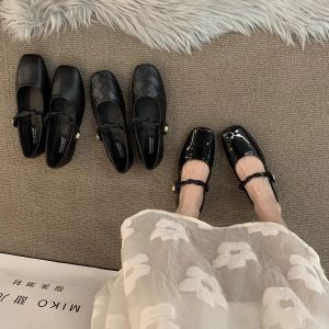 2024 Summer Black Flat Bottom Square Head Casual Shoes French Marilyn Single Shoes