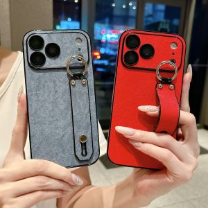 Large Window Wrinkle Leather Texture Case For iPhone 17 16 15 14 13 Pro Max Plus Wrist Strap Bracket Shockproof Matte Hard Cover