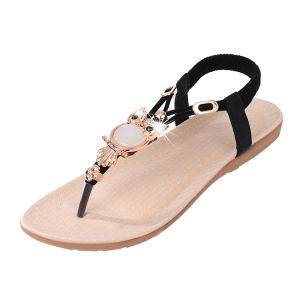 [Free Shipping] Korean-style womens shoes new summer Bohemian owl beaded wedge sandals flip-flops for women in stock