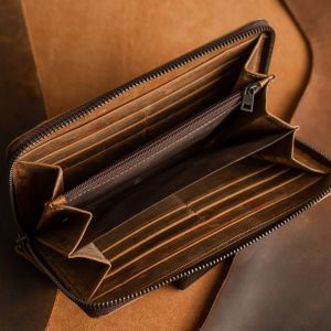 Dompet Panjang Resleting Pria Kulit Sapi Jenis Crazy Horse Laki Multi Kompartemen Pouch HP Card Holder 12 Slot Kartu Ruang Uang Kertas Koin Resleting Zipper YKK Awet Untuk Bisnis Kerja Gaya Brown Tan Terbaru Abimana REVEN