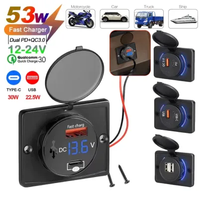 53w ที่ชาร์จ ในรถ ที่ชาร์จความเร็วสูง PD USB QC3.0 12V/24V พร้อมฝาปิดกันน้ำชาร์จเร็วไฟ LED ที่ชาร์จ USB สำหรับรถเรือรถโดยสารและรถ RVS ที่ชาร์จโทรศัพท์ติดมอเตอร์ไซค์
