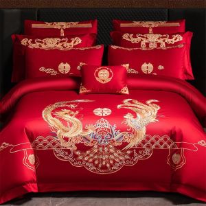 Bedding four-piece set high-end wedding four-piece set Chinese dragon and phoenix embroidery red wedding cotton bed sheet quilt cover bedding (bed sheet * 1 quilt cover * 1 pillowcase * 2)
