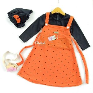 GAMIS OVERALL ANAK BALITA CEWEK USIA 2-3 TAHUN BY LABEBAH DRESS MUSLIM CANTIK BAHAN BABY BABYTERRY JILBAB BAHAN THALITA GAMIS KODOK (INNER DAN OUTER PISAH) WARNA ORANGE POLKADOT KYLA SERIES BUSANA MUSLIM PREMIUM GAMIS NGAJI LEBARAN MURAH BISA COD