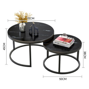 PACKONE 2 IN 1 Set Meja Kopi Multifungsi Meja Ruang Tamu Hitam/Putih Bulat Motif Marmer