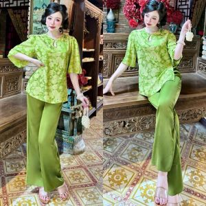 Bộ Lam Họa Tiết Bông Vải Gấm Hoa Cổ Tròn Giọt Nước Có Dây Kéo Quần Lụa Latin Dài 93cm Phom dưới 60kg