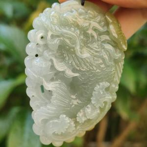 Tea Green Yellow Natural Type A Jadeite Pendant Carved as Dragon Head Fish Body meaning Prosperity wealth and happiness with certificate weighs 49.67 grams 62.60 * 43.50 * 12.10 mm (pendant93)