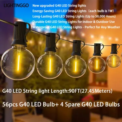 LIGHTINGGO 51.2FT/27FT String Lights G40 Bulb Patio Outdoor Waterproof Fairy String Lights Party Holiday Wedding Decoration Backyard Garland Lights